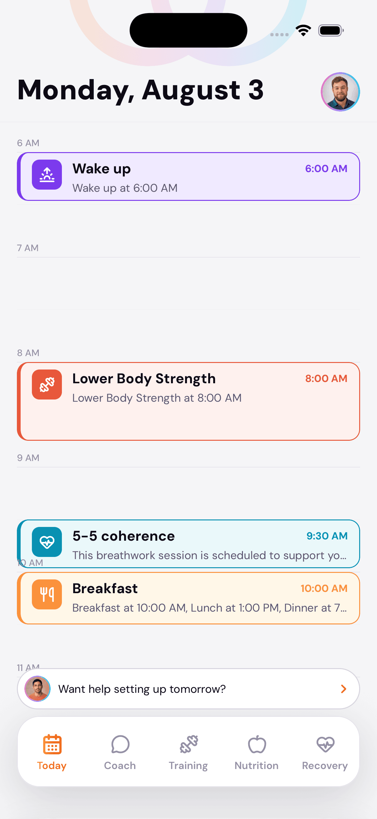 The Coachable Today screen running in the iPhone 17 simulator