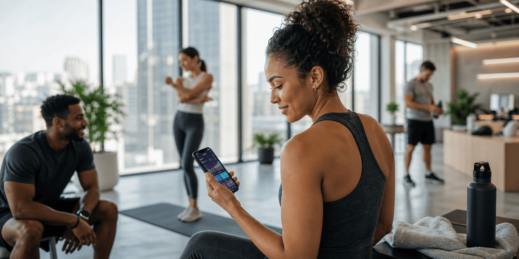 Professionals in a workplace wellness studio using a coaching app
